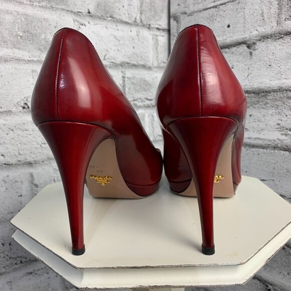 Prada Red Leather Platform Stiletto High Heel Pump - Picture 7 of 11